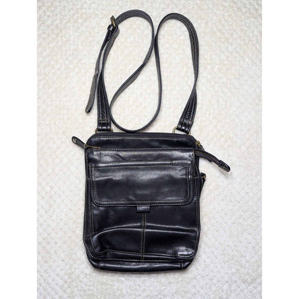 Fossil Black Leather‎ Crossbody Bag Y2K Multi Pocket Adjustable
